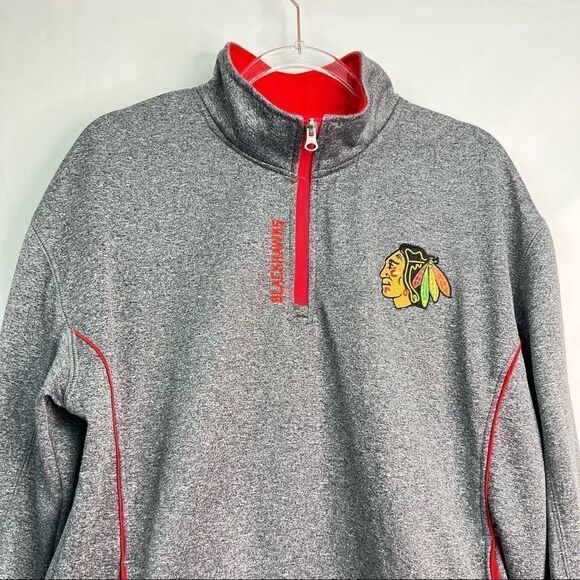 NHL Blackhawks Gray Quarter Zip Fleece Lined Athletic Sweatshirt - Picture 2 of 11